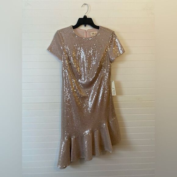 Eliza J Sequin Light Pink Ruffle Asymmetrical Hem Cocktail Dress